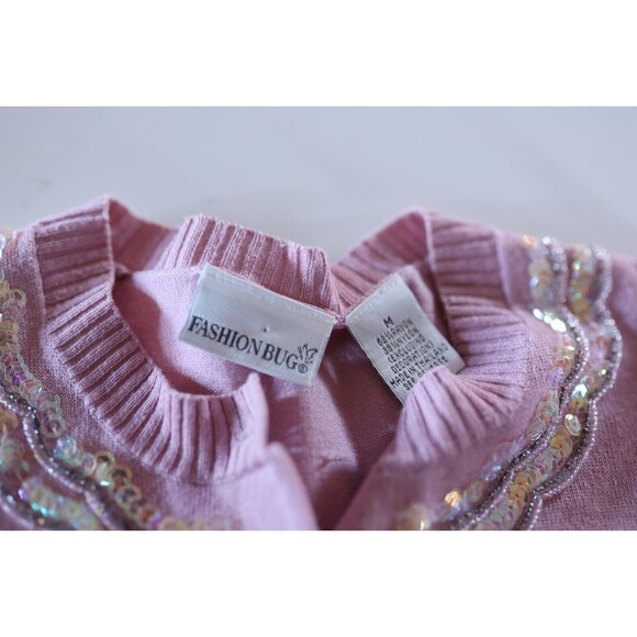 Vintage Y2K Pink Sequin Beaded Button Down Cardigan Coquette Preppy Pin Up M - Picture 4 of 13